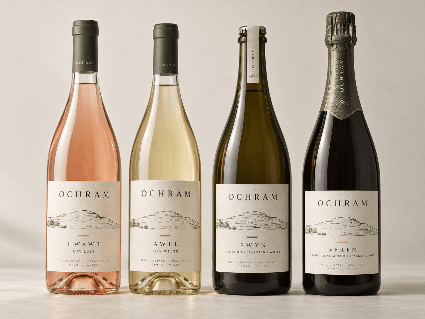 The four Ochram wines: Gwawr, Awel, Ewyn and Seren